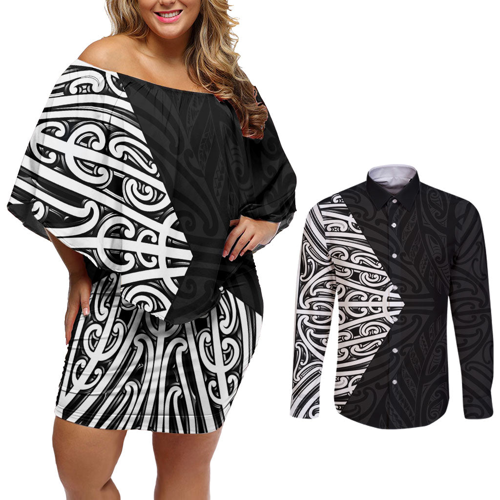 Black New Zealand Puhoro Maori Tattoo Couples Matching Off Shoulder Short Dress and Long Sleeve Button Shirt