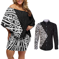 Black New Zealand Puhoro Maori Tattoo Couples Matching Off Shoulder Short Dress and Long Sleeve Button Shirt