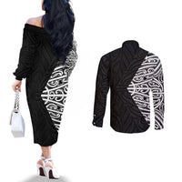 Black New Zealand Puhoro Maori Tattoo Couples Matching Off The Shoulder Long Sleeve Dress and Long Sleeve Button Shirt