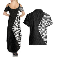 Black New Zealand Puhoro Maori Tattoo Couples Matching Summer Maxi Dress and Hawaiian Shirt