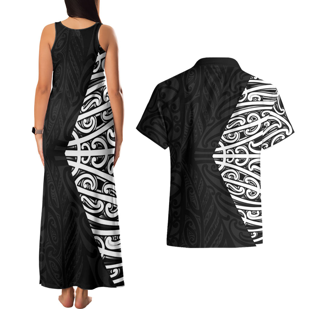 Black New Zealand Puhoro Maori Tattoo Couples Matching Tank Maxi Dress and Hawaiian Shirt