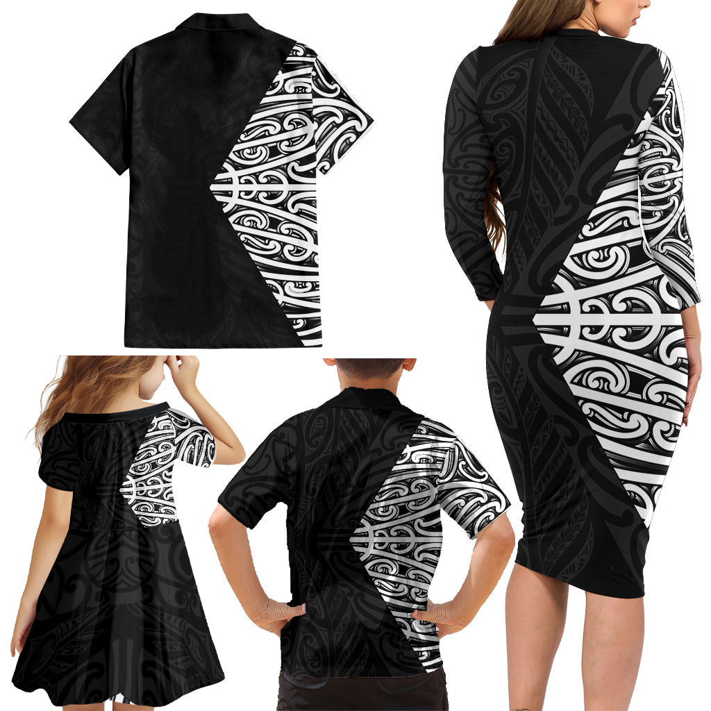 Black New Zealand Puhoro Maori Tattoo Family Matching Long Sleeve Bodycon Dress and Hawaiian Shirt