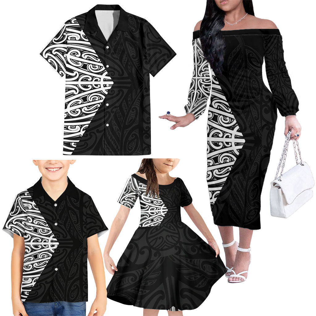 Black New Zealand Puhoro Maori Tattoo Family Matching Off The Shoulder Long Sleeve Dress and Hawaiian Shirt