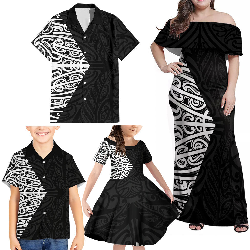 Black New Zealand Puhoro Maori Tattoo Family Matching Off Shoulder Maxi Dress and Hawaiian Shirt