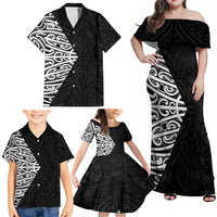Black New Zealand Puhoro Maori Tattoo Family Matching Off Shoulder Maxi Dress and Hawaiian Shirt
