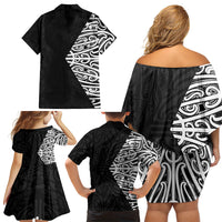 Black New Zealand Puhoro Maori Tattoo Family Matching Off Shoulder Short Dress and Hawaiian Shirt