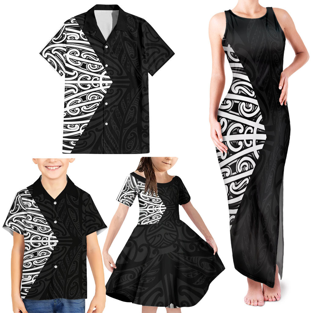 Black New Zealand Puhoro Maori Tattoo Family Matching Tank Maxi Dress and Hawaiian Shirt