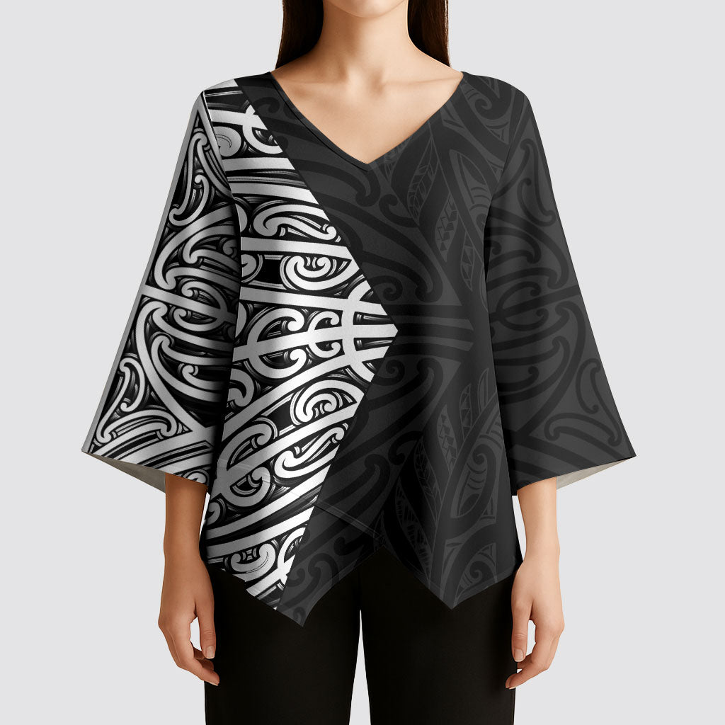 Black New Zealand Puhoro Maori Tattoo Kimono Sleeve Blouse