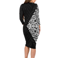 Black New Zealand Puhoro Maori Tattoo Long Sleeve Bodycon Dress