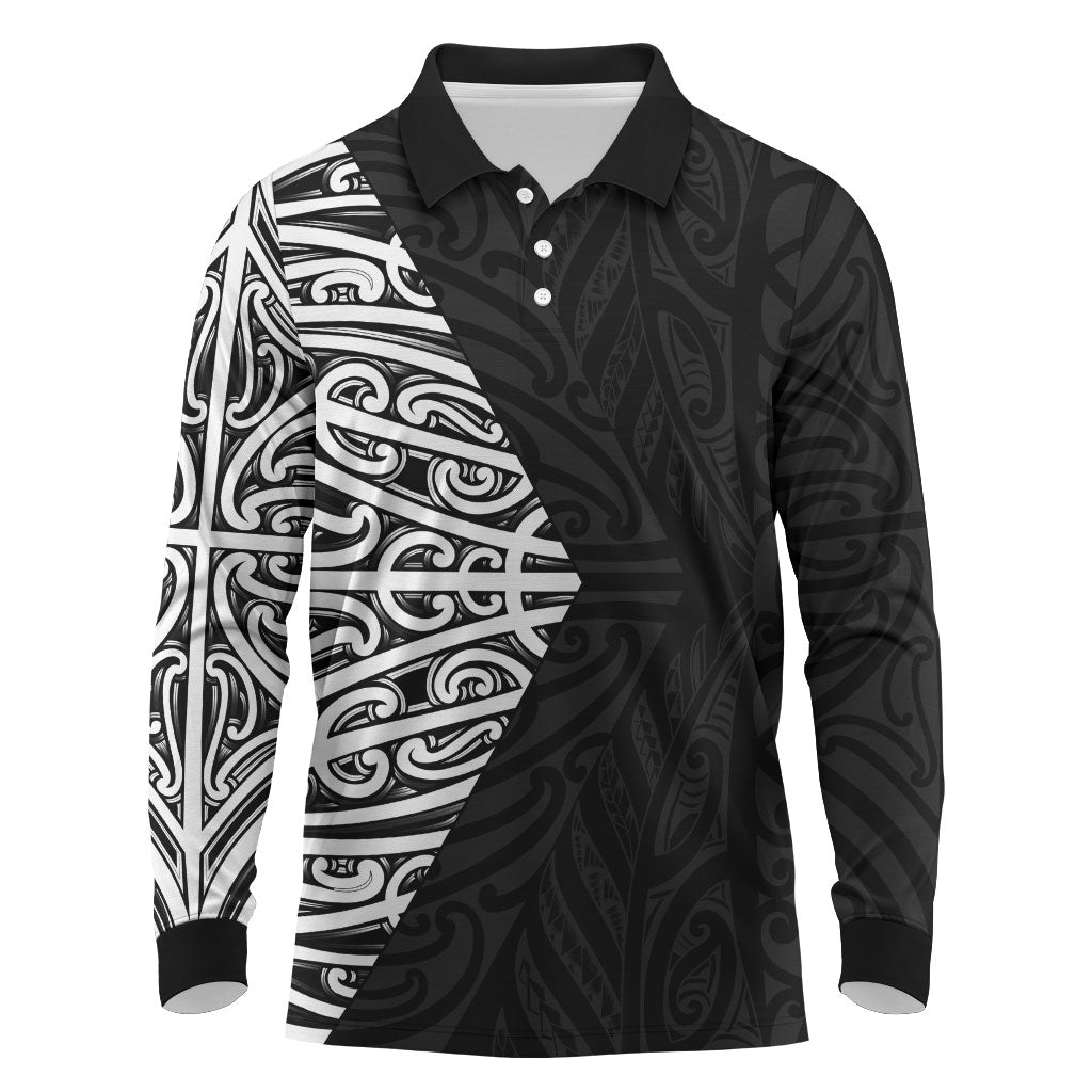 Black New Zealand Puhoro Maori Tattoo Long Sleeve Polo Shirt