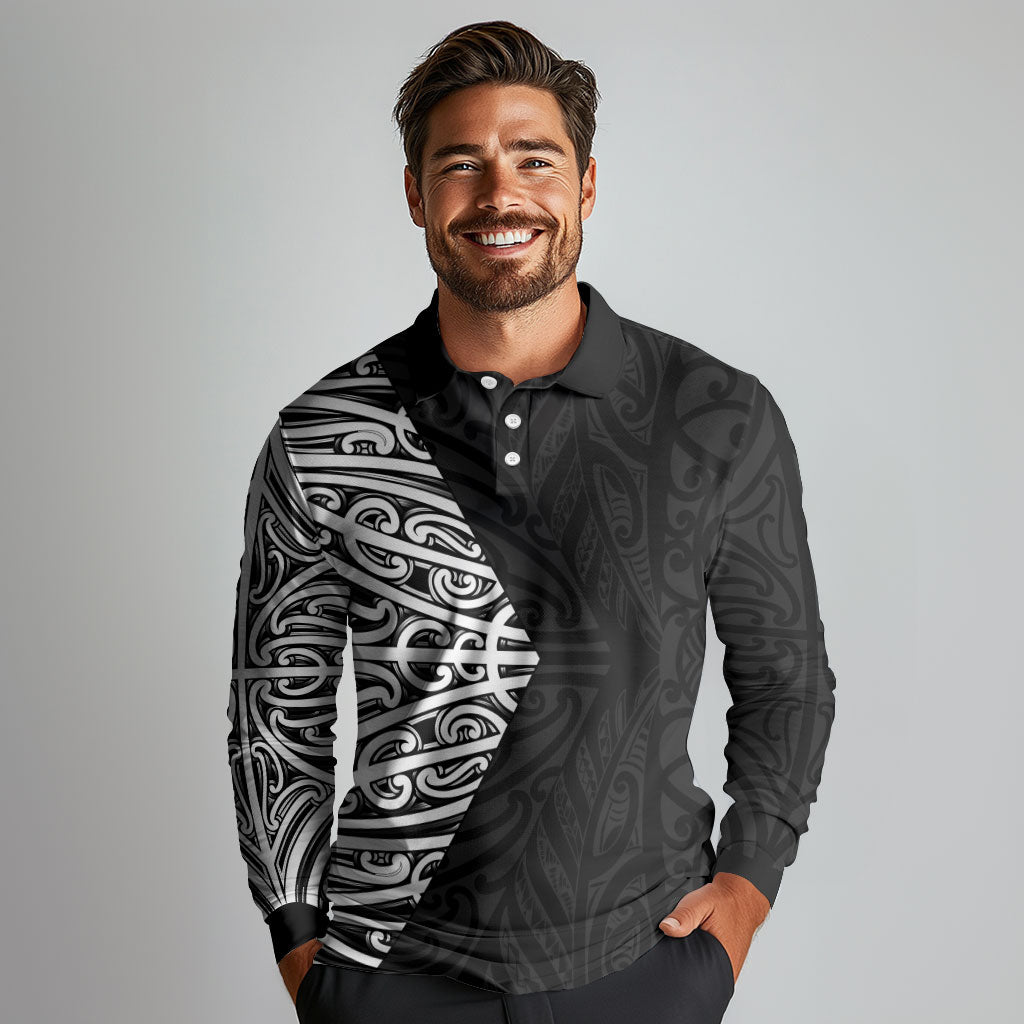 Black New Zealand Puhoro Maori Tattoo Long Sleeve Polo Shirt