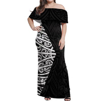 Black New Zealand Puhoro Maori Tattoo Off Shoulder Maxi Dress
