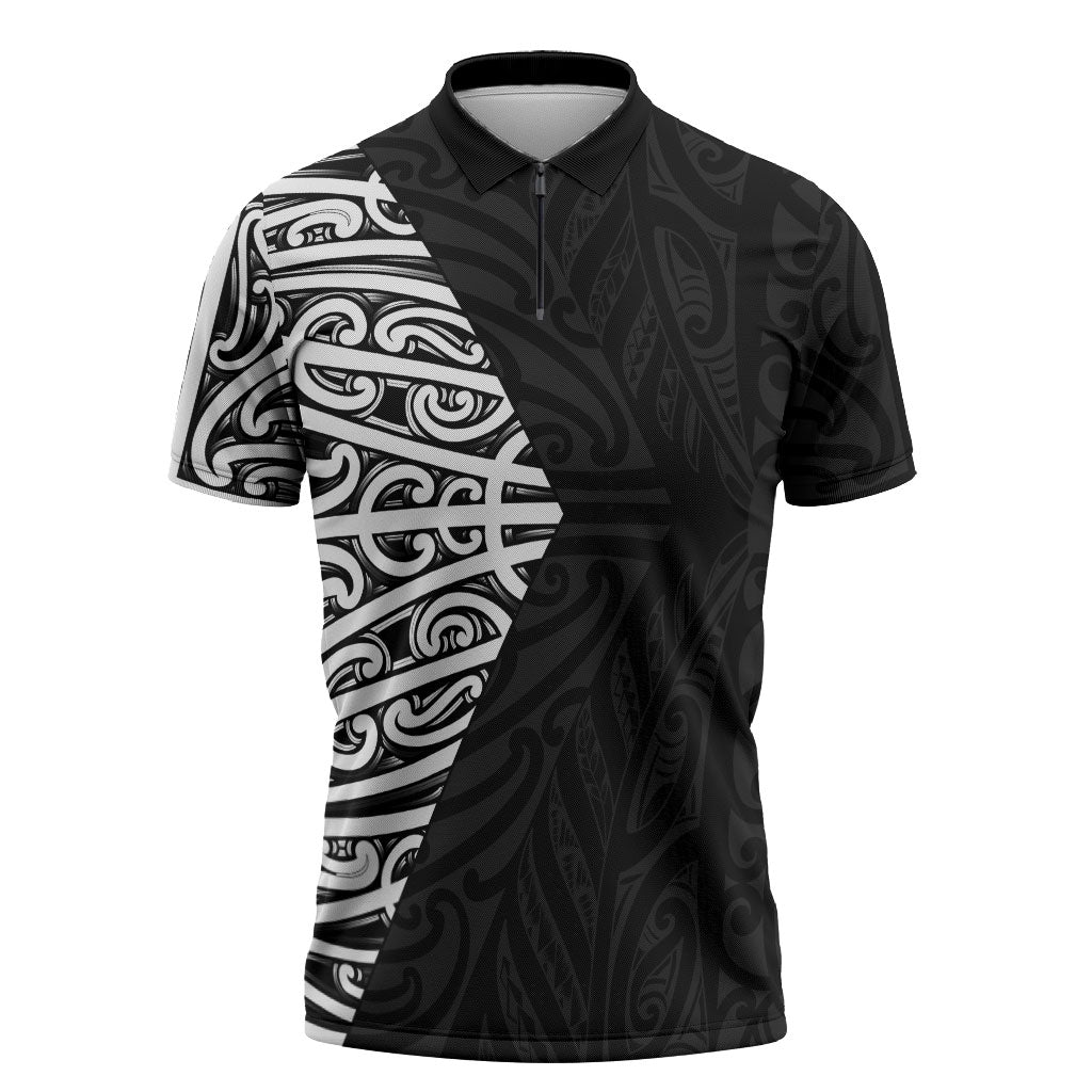 Black New Zealand Puhoro Maori Tattoo Zipper Polo Shirt