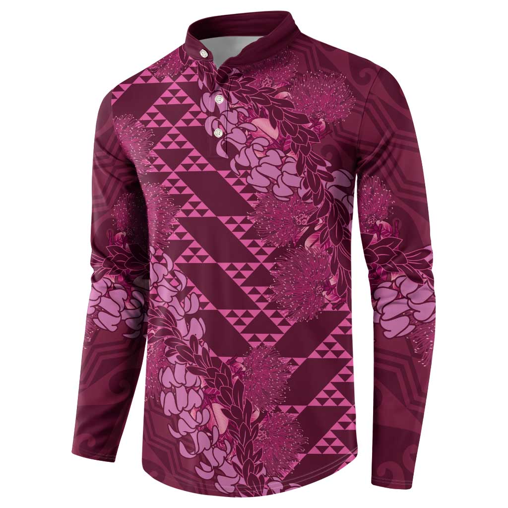 Pink Aloha Hawaii Button Sweatshirt Hawaiian Kakau Ohia Lehua Lei - Polynesian Pride