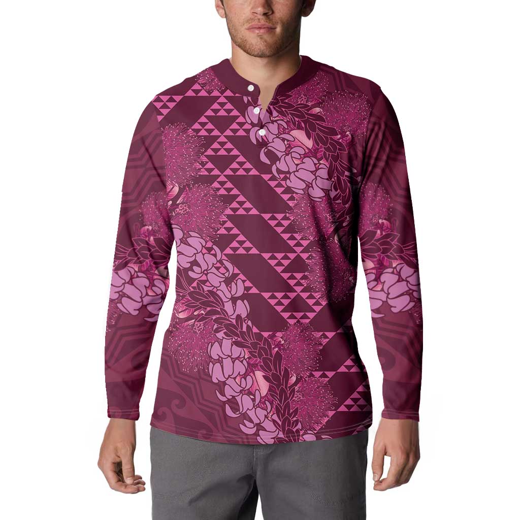 Pink Aloha Hawaii Button Sweatshirt Hawaiian Kakau Ohia Lehua Lei - Polynesian Pride