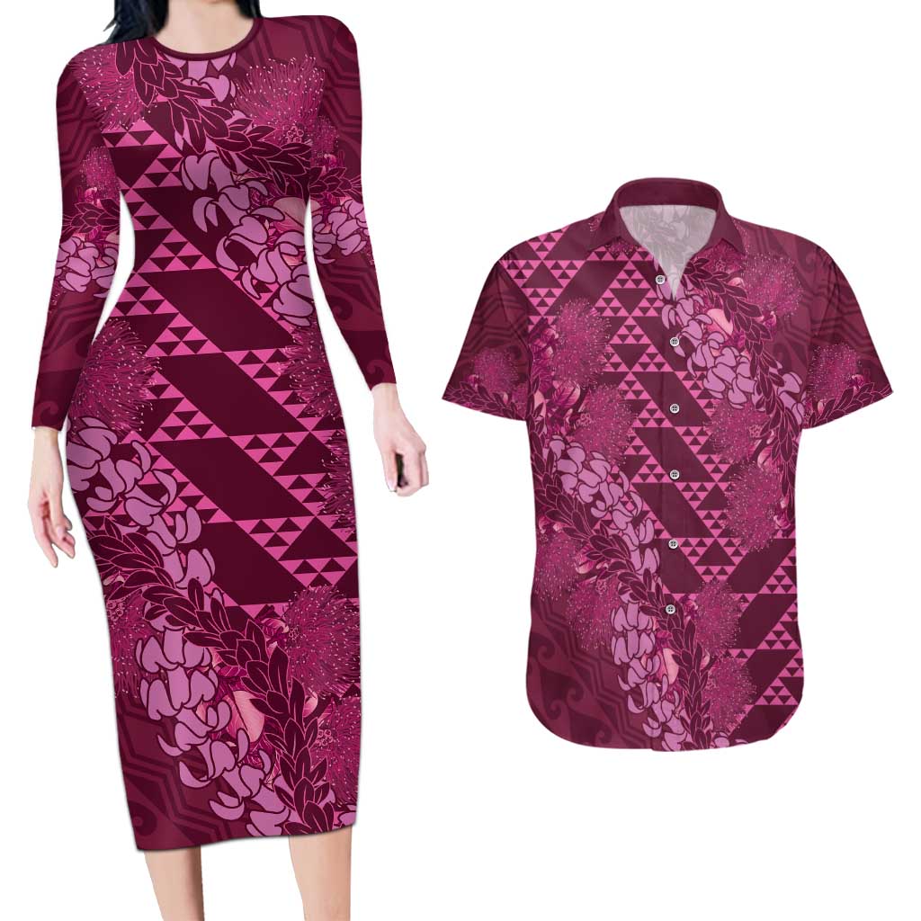 Pink Aloha Hawaii Couples Matching Long Sleeve Bodycon Dress and Hawaiian Shirt Hawaiian Kakau Ohia Lehua Lei LT14 Pink - Polynesian Pride