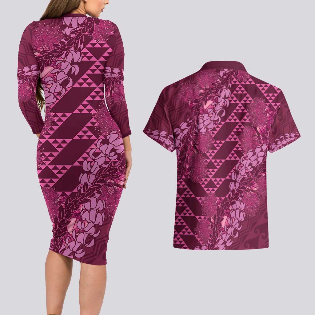 Pink Aloha Hawaii Couples Matching Long Sleeve Bodycon Dress and Hawaiian Shirt Hawaiian Kakau Ohia Lehua Lei LT14 - Polynesian Pride