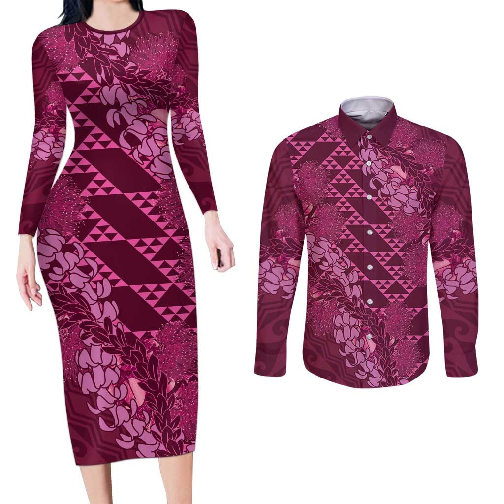 Pink Aloha Hawaii Couples Matching Long Sleeve Bodycon Dress and Long Sleeve Button Shirt Hawaiian Kakau Ohia Lehua Lei LT14 Pink - Polynesian Pride