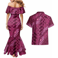 Pink Aloha Hawaii Couples Matching Mermaid Dress and Hawaiian Shirt Hawaiian Kakau Ohia Lehua Lei LT14 - Polynesian Pride