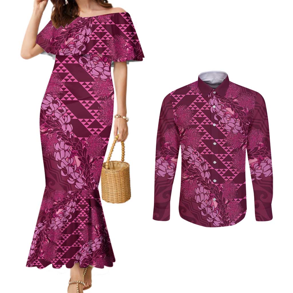 Pink Aloha Hawaii Couples Matching Mermaid Dress and Long Sleeve Button Shirt Hawaiian Kakau Ohia Lehua Lei LT14 Pink - Polynesian Pride