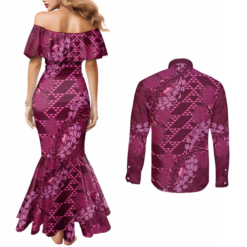 Pink Aloha Hawaii Couples Matching Mermaid Dress and Long Sleeve Button Shirt Hawaiian Kakau Ohia Lehua Lei LT14 - Polynesian Pride
