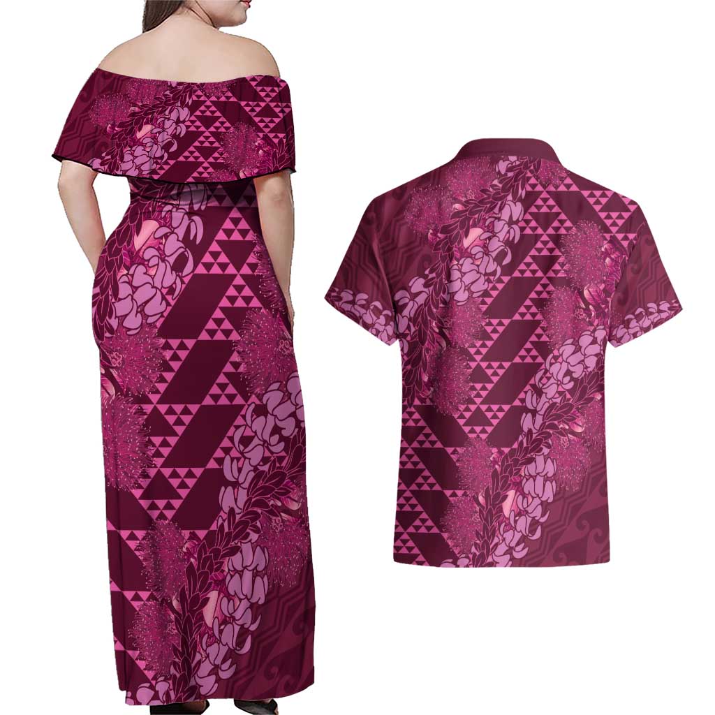 Pink Aloha Hawaii Couples Matching Off Shoulder Maxi Dress and Hawaiian Shirt Hawaiian Kakau Ohia Lehua Lei LT14 - Polynesian Pride