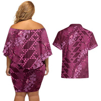 Pink Aloha Hawaii Couples Matching Off Shoulder Short Dress and Hawaiian Shirt Hawaiian Kakau Ohia Lehua Lei LT14 - Polynesian Pride