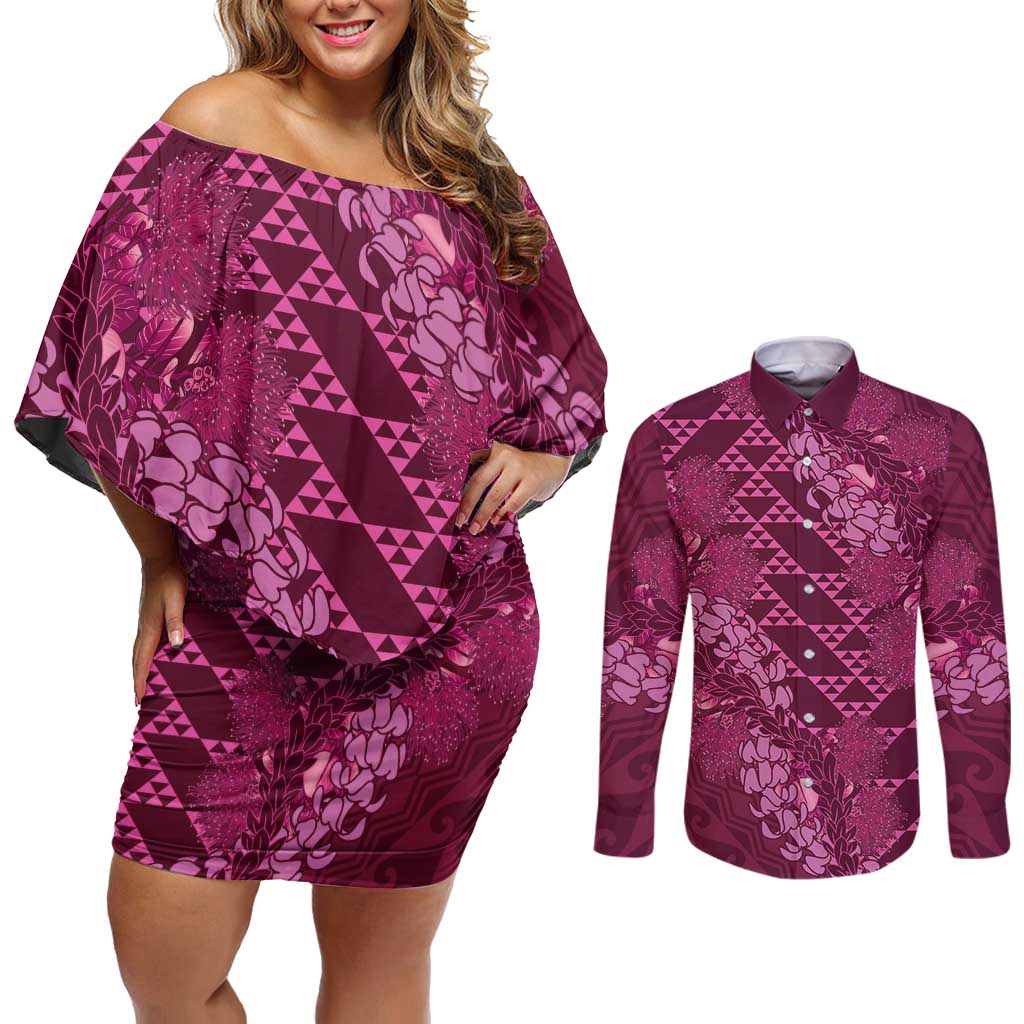 Pink Aloha Hawaii Couples Matching Off Shoulder Short Dress and Long Sleeve Button Shirt Hawaiian Kakau Ohia Lehua Lei - Polynesian Pride
