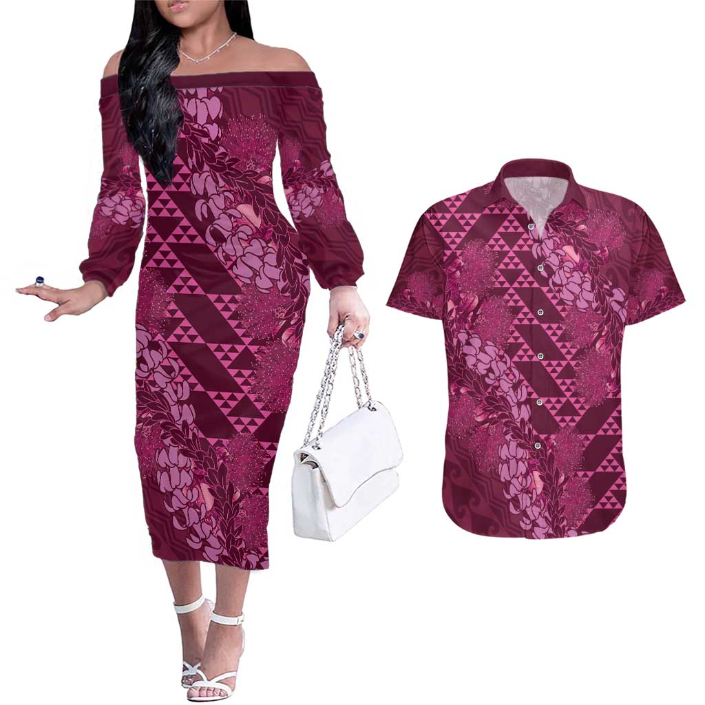 Pink Aloha Hawaii Couples Matching Off The Shoulder Long Sleeve Dress and Hawaiian Shirt Hawaiian Kakau Ohia Lehua Lei LT14 Pink - Polynesian Pride