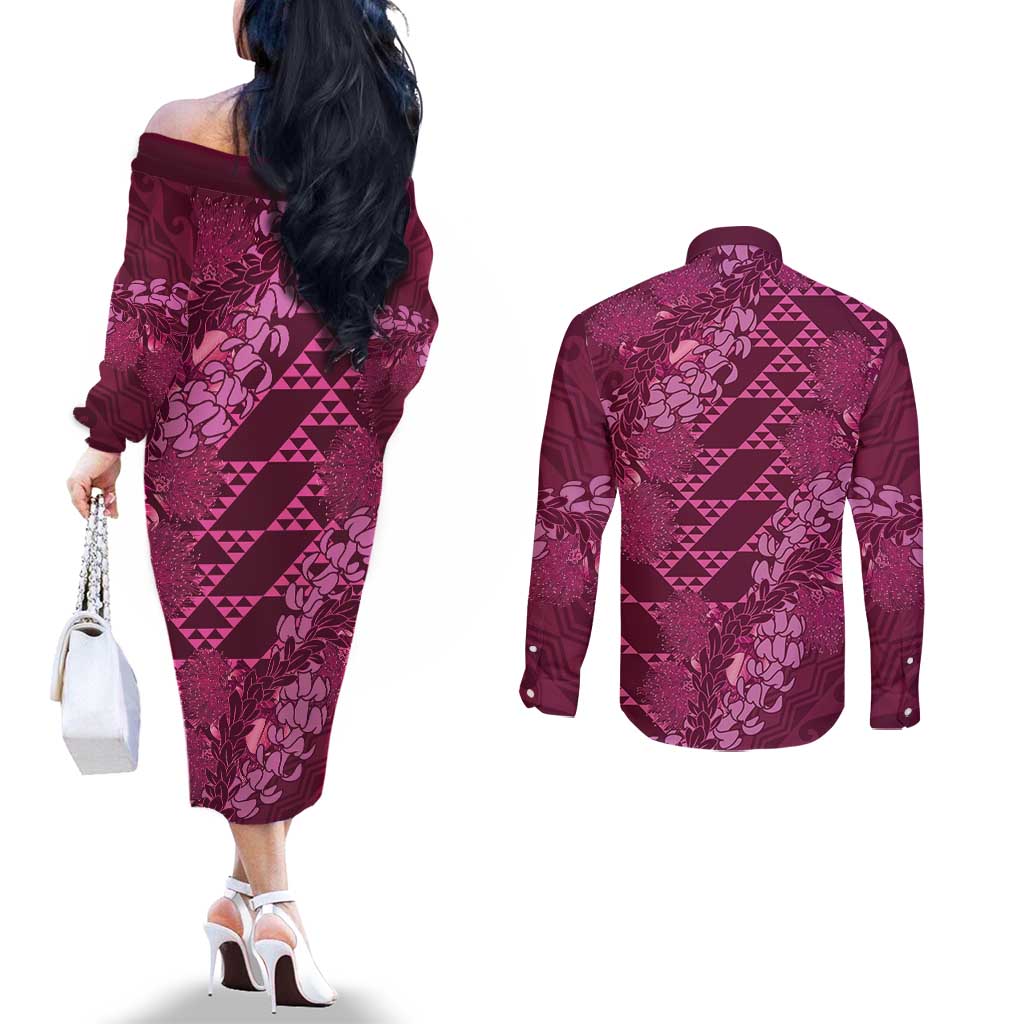 Pink Aloha Hawaii Couples Matching Off The Shoulder Long Sleeve Dress and Long Sleeve Button Shirt Hawaiian Kakau Ohia Lehua Lei LT14 - Polynesian Pride