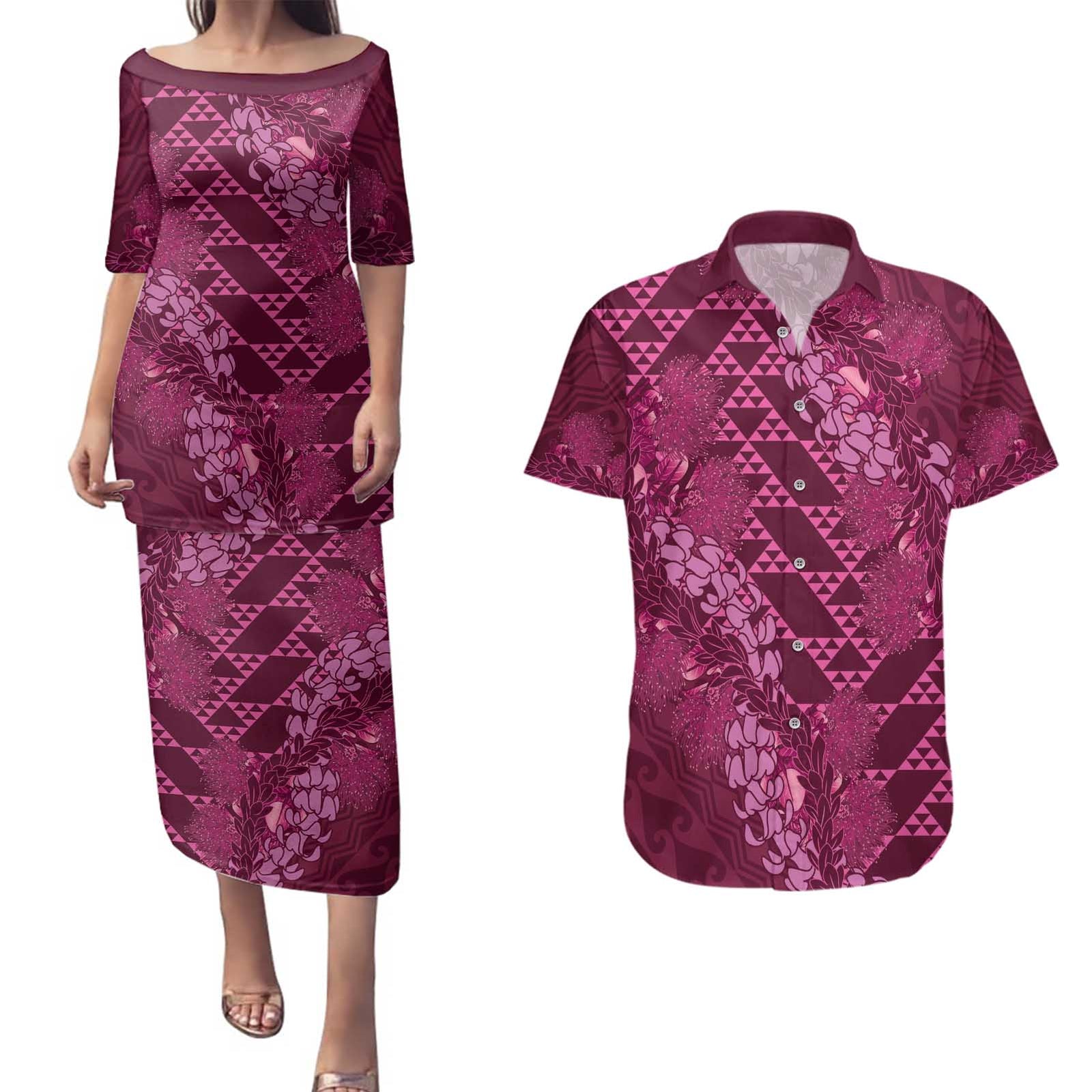 Pink Aloha Hawaii Couples Matching Puletasi and Hawaiian Shirt Hawaiian Kakau Ohia Lehua Lei - Polynesian Pride