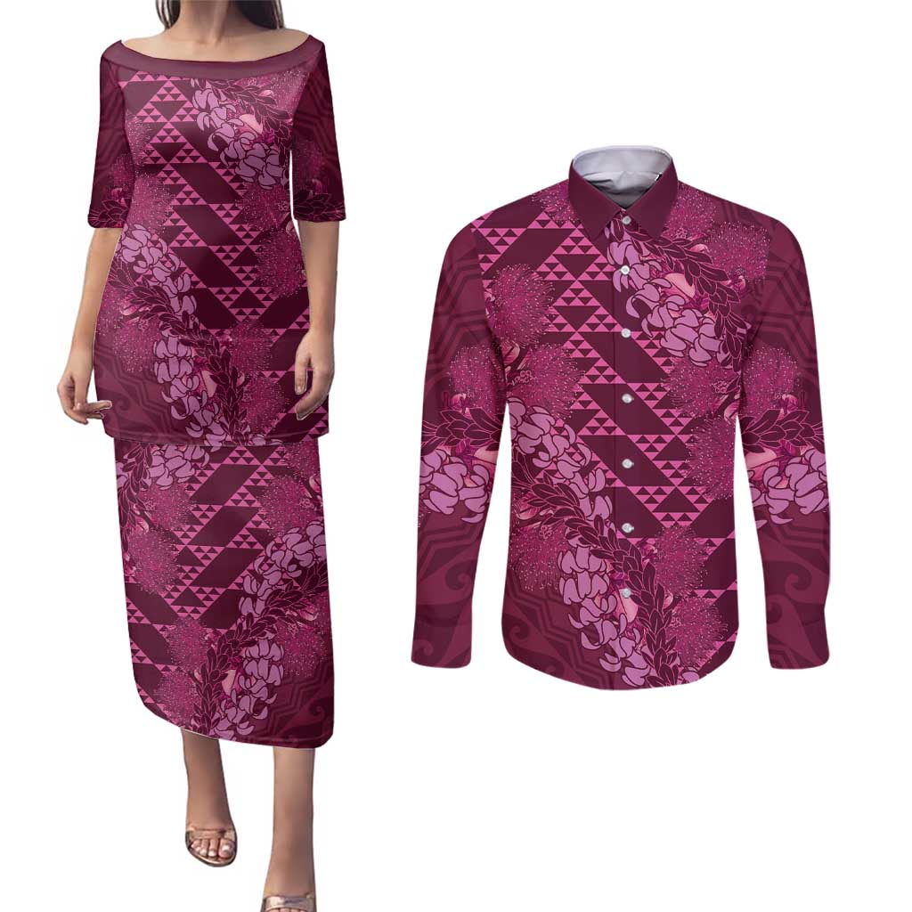 Pink Aloha Hawaii Couples Matching Puletasi and Long Sleeve Button Shirt Hawaiian Kakau Ohia Lehua Lei - Polynesian Pride