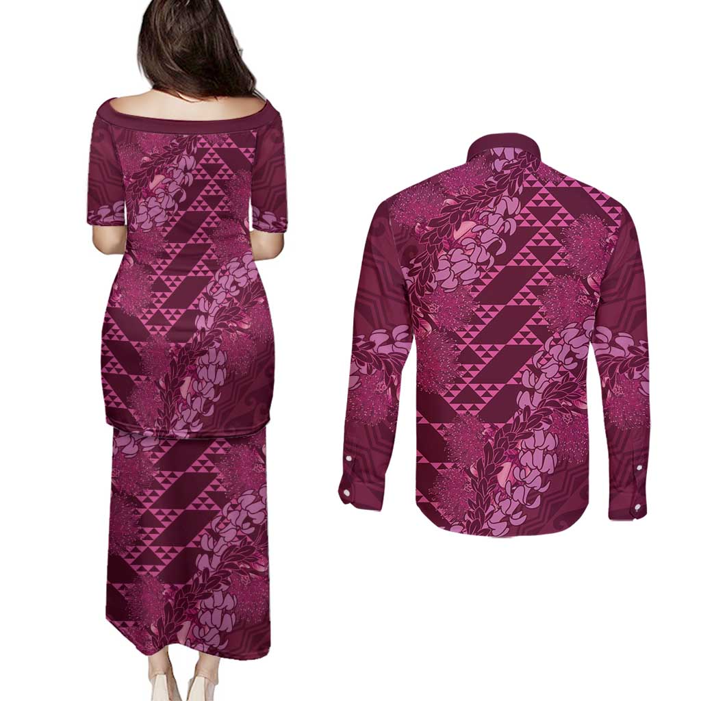 Pink Aloha Hawaii Couples Matching Puletasi and Long Sleeve Button Shirt Hawaiian Kakau Ohia Lehua Lei - Polynesian Pride