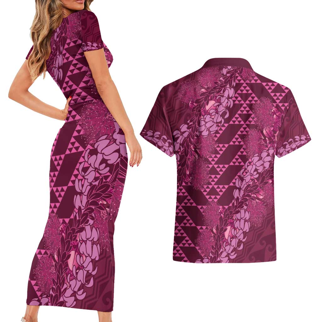 Pink Aloha Hawaii Couples Matching Short Sleeve Bodycon Dress and Hawaiian Shirt Hawaiian Kakau Ohia Lehua Lei LT14 - Polynesian Pride