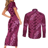 Pink Aloha Hawaii Couples Matching Short Sleeve Bodycon Dress and Long Sleeve Button Shirt Hawaiian Kakau Ohia Lehua Lei LT14 - Polynesian Pride