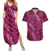 Pink Aloha Hawaii Couples Matching Summer Maxi Dress and Hawaiian Shirt Hawaiian Kakau Ohia Lehua Lei LT14 Pink - Polynesian Pride
