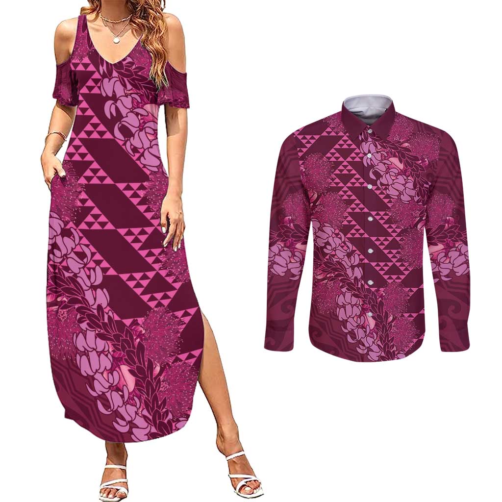 Pink Aloha Hawaii Couples Matching Summer Maxi Dress and Long Sleeve Button Shirt Hawaiian Kakau Ohia Lehua Lei - Polynesian Pride