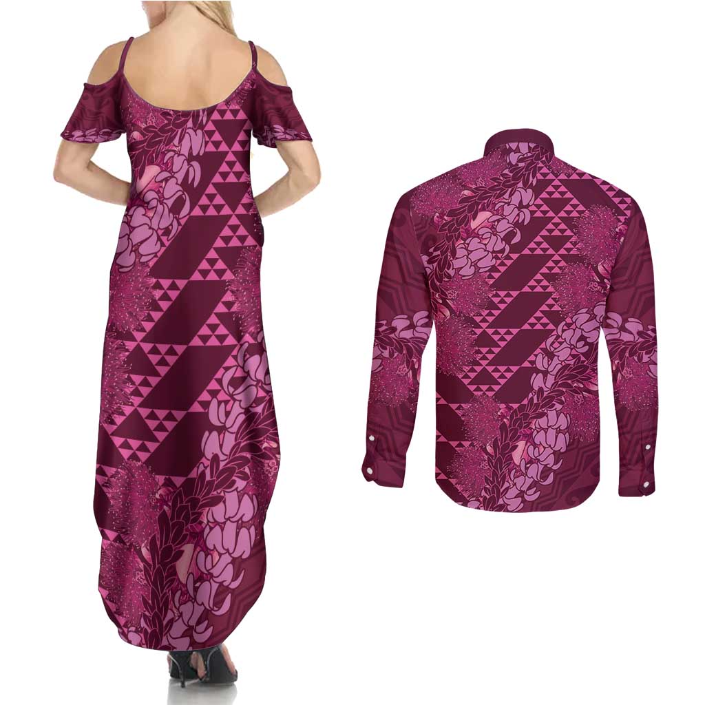 Pink Aloha Hawaii Couples Matching Summer Maxi Dress and Long Sleeve Button Shirt Hawaiian Kakau Ohia Lehua Lei - Polynesian Pride