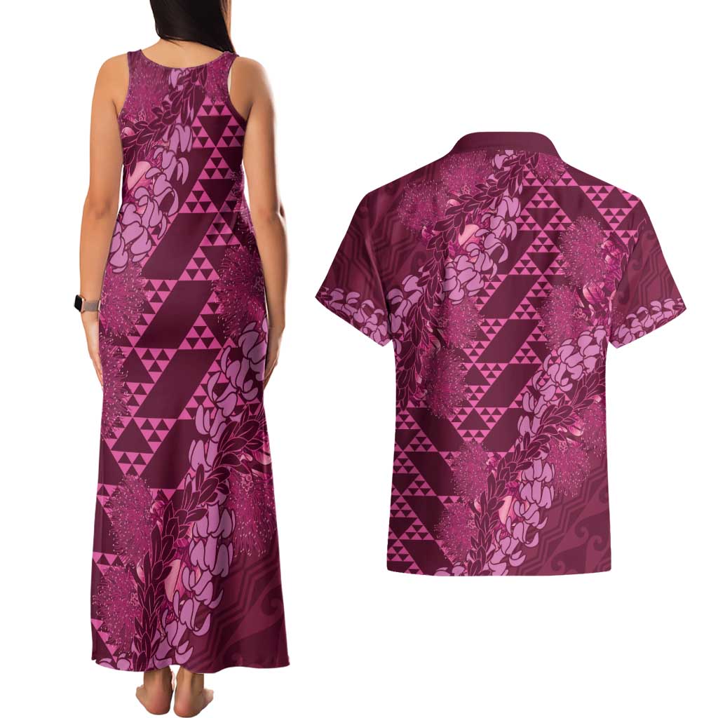 Pink Aloha Hawaii Couples Matching Tank Maxi Dress and Hawaiian Shirt Hawaiian Kakau Ohia Lehua Lei LT14 - Polynesian Pride