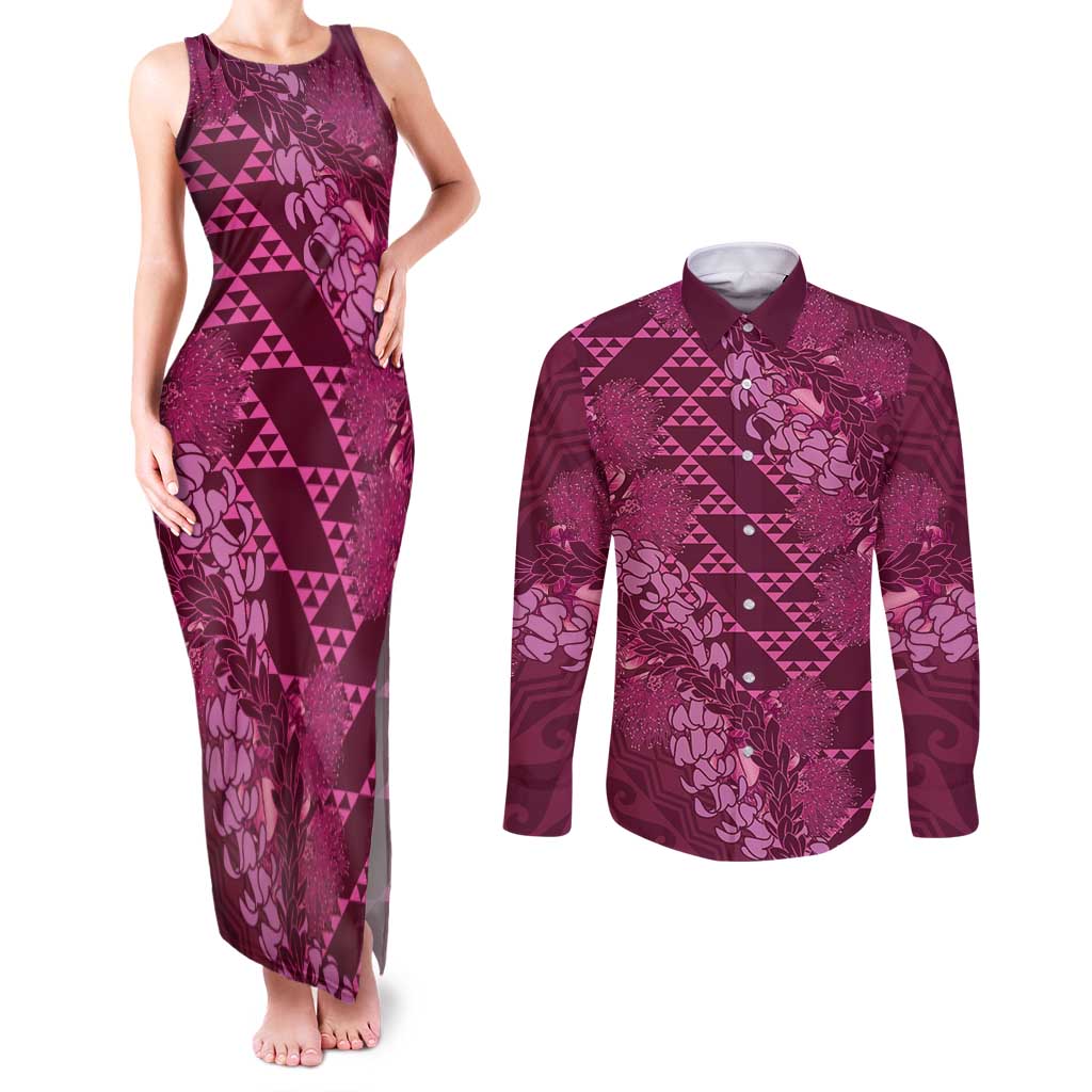 Pink Aloha Hawaii Couples Matching Tank Maxi Dress and Long Sleeve Button Shirt Hawaiian Kakau Ohia Lehua Lei LT14 Pink - Polynesian Pride