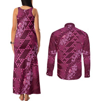 Pink Aloha Hawaii Couples Matching Tank Maxi Dress and Long Sleeve Button Shirt Hawaiian Kakau Ohia Lehua Lei LT14 - Polynesian Pride