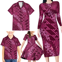 Pink Aloha Hawaii Family Matching Long Sleeve Bodycon Dress and Hawaiian Shirt Hawaiian Kakau Ohia Lehua Lei LT14 - Polynesian Pride