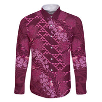 Pink Aloha Hawaii Family Matching Long Sleeve Bodycon Dress and Hawaiian Shirt Hawaiian Kakau Ohia Lehua Lei LT14 Dad's Shirt - Long Sleeve Pink - Polynesian Pride