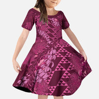 Pink Aloha Hawaii Family Matching Mermaid Dress and Hawaiian Shirt Hawaiian Kakau Ohia Lehua Lei LT14 Daughter's Dress Pink - Polynesian Pride