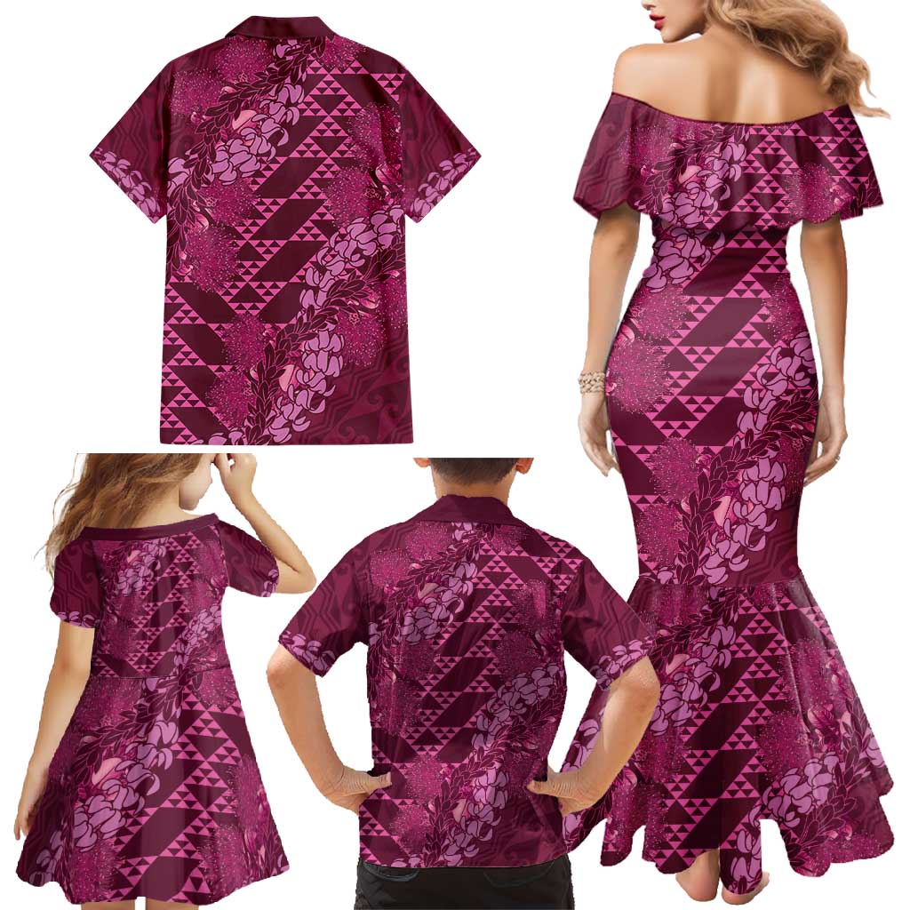 Pink Aloha Hawaii Family Matching Mermaid Dress and Hawaiian Shirt Hawaiian Kakau Ohia Lehua Lei LT14 - Polynesian Pride
