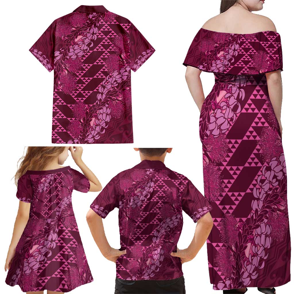 Pink Aloha Hawaii Family Matching Off Shoulder Maxi Dress and Hawaiian Shirt Hawaiian Kakau Ohia Lehua Lei LT14 - Polynesian Pride