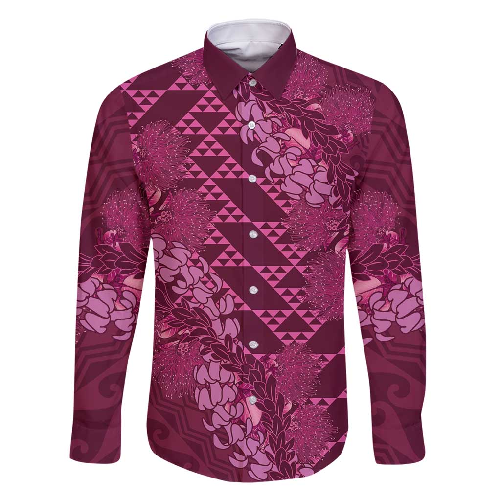 Pink Aloha Hawaii Family Matching Off Shoulder Maxi Dress and Hawaiian Shirt Hawaiian Kakau Ohia Lehua Lei LT14 Dad's Shirt - Long Sleeve Pink - Polynesian Pride