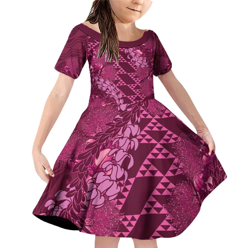 Pink Aloha Hawaii Family Matching Off Shoulder Short Dress and Hawaiian Shirt Hawaiian Kakau Ohia Lehua Lei LT14 Daughter's Dress Pink - Polynesian Pride