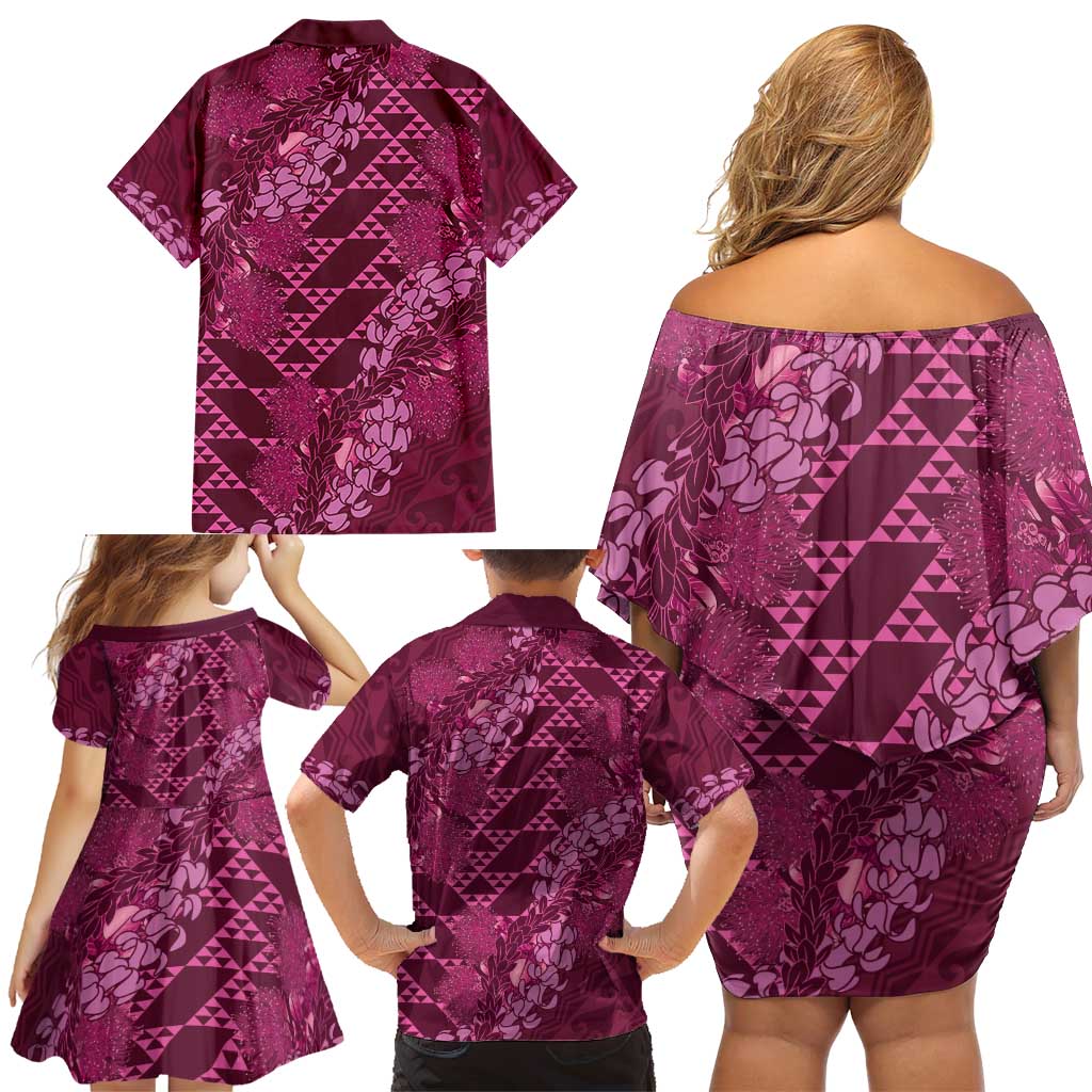 Pink Aloha Hawaii Family Matching Off Shoulder Short Dress and Hawaiian Shirt Hawaiian Kakau Ohia Lehua Lei LT14 - Polynesian Pride