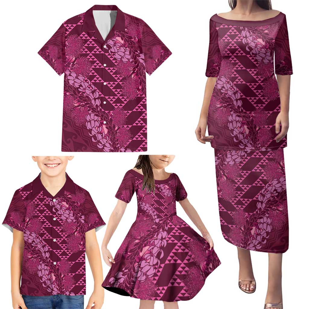 Pink Aloha Hawaii Family Matching Puletasi and Hawaiian Shirt Hawaiian Kakau Ohia Lehua Lei LT14 - Polynesian Pride
